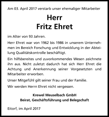 Anzeige von Fritz Ehret von Kölner Stadt-Anzeiger / Kölnische Rundschau / Express