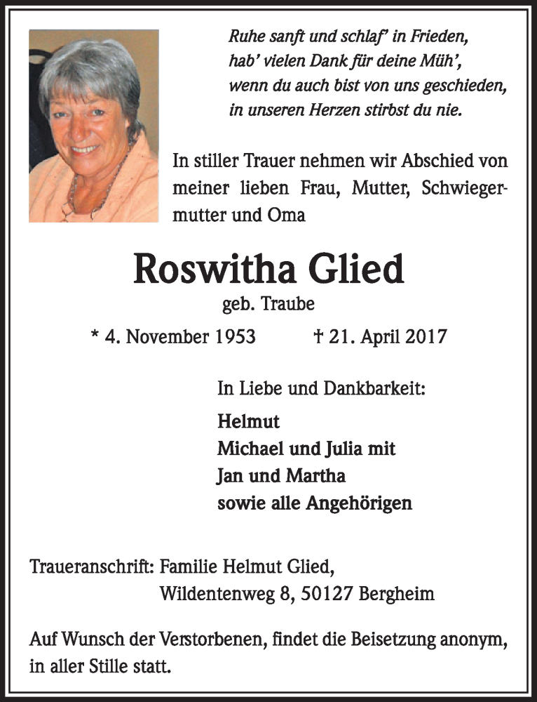  Traueranzeige für Roswitha Glied vom 29.04.2017 aus  Sonntags-Post 
