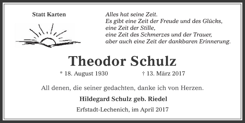  Traueranzeige für Theodor Schulz vom 12.04.2017 aus  Werbepost 
