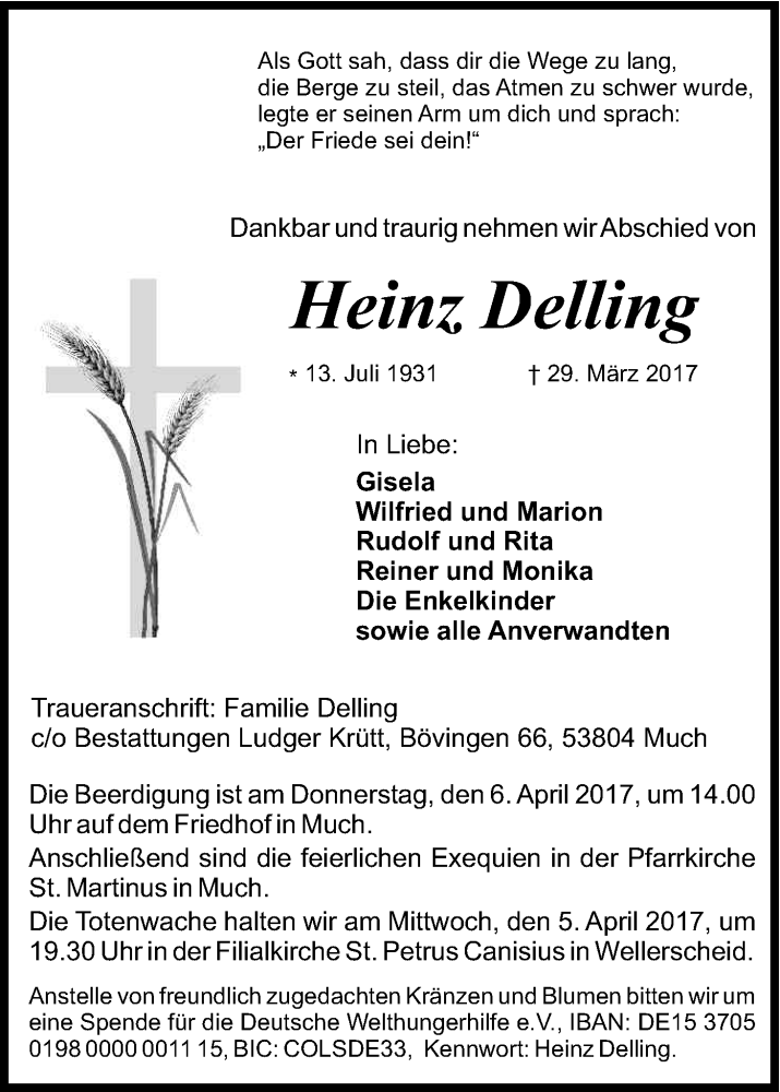  Traueranzeige für Heinz Delling vom 01.04.2017 aus Kölner Stadt-Anzeiger / Kölnische Rundschau / Express