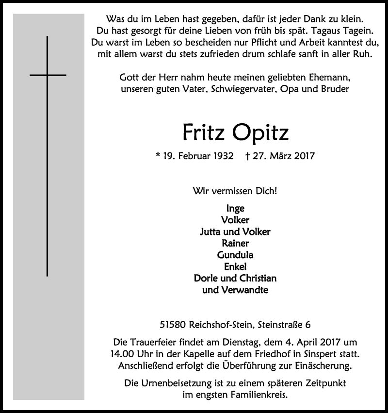 Traueranzeige für Fritz Opitz vom 01.04.2017 aus Kölner Stadt-Anzeiger / Kölnische Rundschau / Express