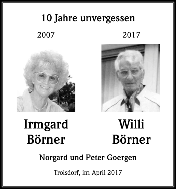 Anzeige von Irmgard und Willi Börner von Kölner Stadt-Anzeiger / Kölnische Rundschau / Express