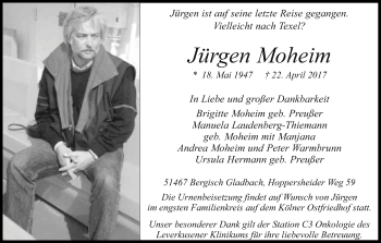 Anzeige von Jürgen Moheim von Kölner Stadt-Anzeiger / Kölnische Rundschau / Express