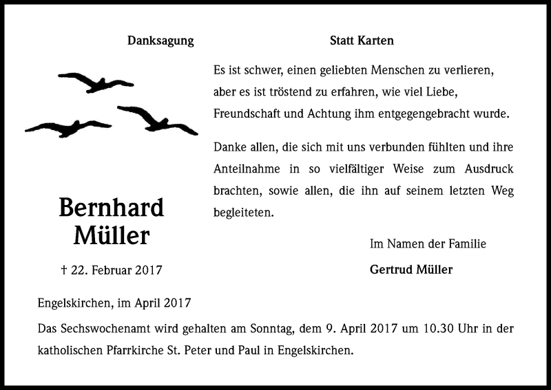  Traueranzeige für Bernhard Müller vom 01.04.2017 aus Kölner Stadt-Anzeiger / Kölnische Rundschau / Express