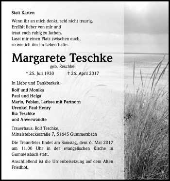 Anzeige von Margarete Teschke von Kölner Stadt-Anzeiger / Kölnische Rundschau / Express
