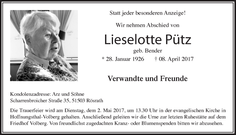  Traueranzeige für Lieselotte Pütz vom 26.04.2017 aus  Bergisches Handelsblatt 