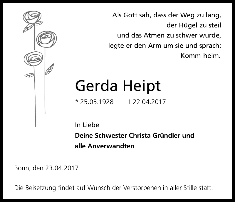  Traueranzeige für Gerda Heipt vom 25.04.2017 aus Kölner Stadt-Anzeiger / Kölnische Rundschau / Express