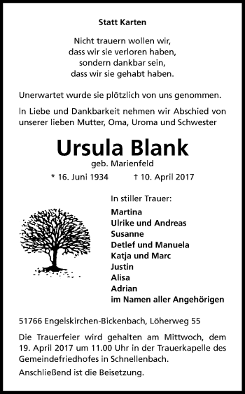 Anzeige von Ursula Blank von Kölner Stadt-Anzeiger / Kölnische Rundschau / Express