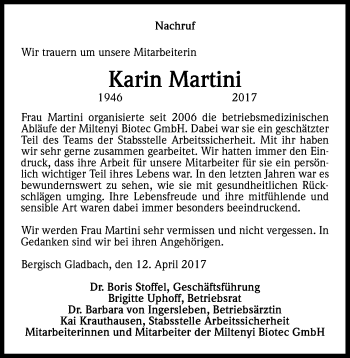 Anzeige von Karin Martini von Kölner Stadt-Anzeiger / Kölnische Rundschau / Express