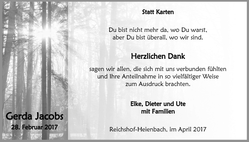  Traueranzeige für Gerda Jacobs vom 26.04.2017 aus  Anzeigen Echo  Lokalanzeiger 