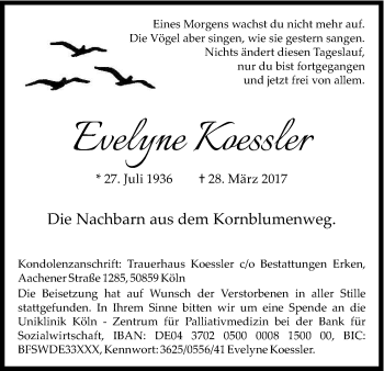 Anzeige von Evelyne Kessler von Kölner Stadt-Anzeiger / Kölnische Rundschau / Express