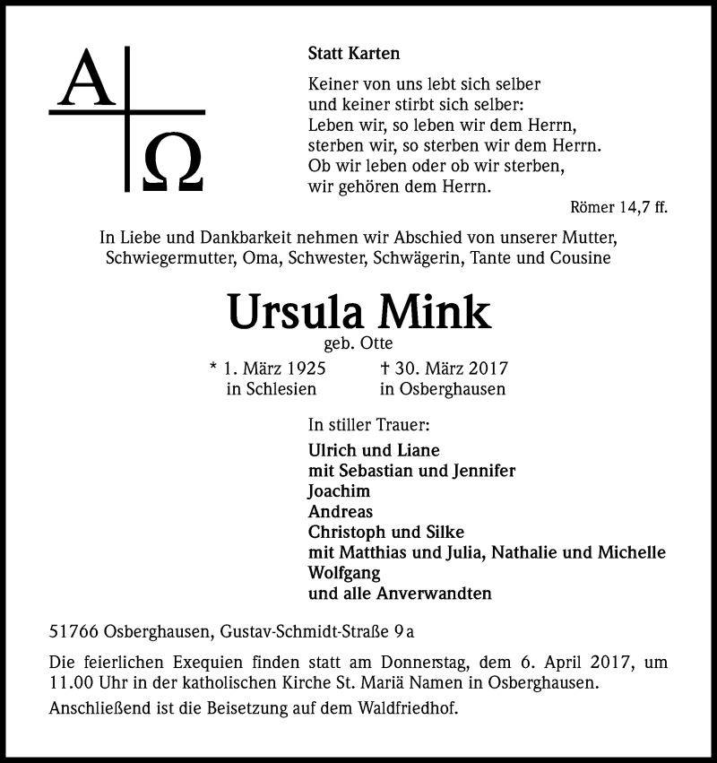  Traueranzeige für Ursula Mink vom 03.04.2017 aus Kölner Stadt-Anzeiger / Kölnische Rundschau / Express