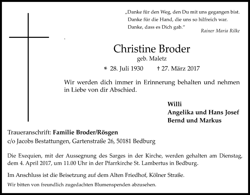  Traueranzeige für Christine Broder vom 01.04.2017 aus Kölner Stadt-Anzeiger / Kölnische Rundschau / Express