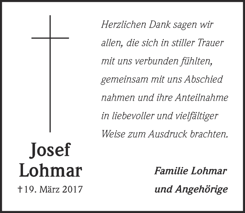  Traueranzeige für Josef Lohmar vom 26.04.2017 aus  Kölner Wochenspiegel  Extra Blatt 