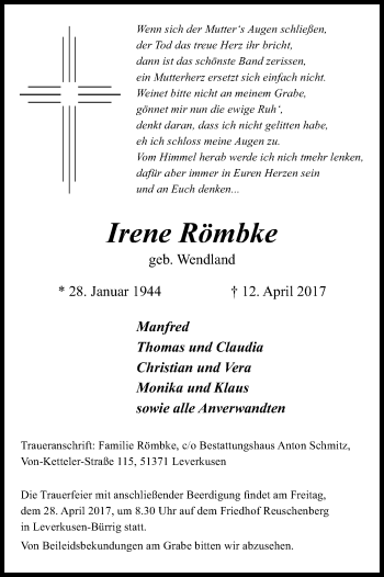 Anzeige von Irene Römbke von Kölner Stadt-Anzeiger / Kölnische Rundschau / Express
