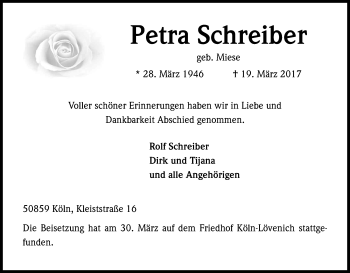 Anzeige von Petra Schreiber von Kölner Stadt-Anzeiger / Kölnische Rundschau / Express