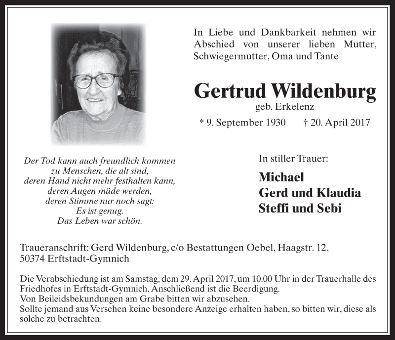  Traueranzeige für Gertrud Wildenburg vom 26.04.2017 aus  Werbepost 