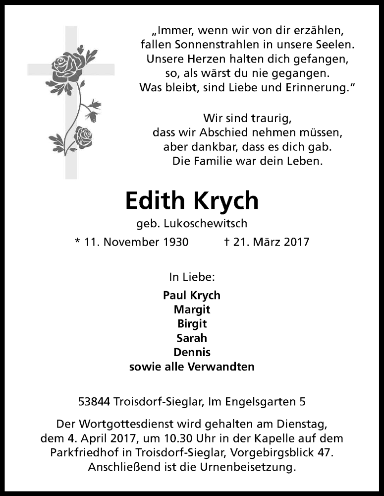  Traueranzeige für Edith Krych vom 01.04.2017 aus Kölner Stadt-Anzeiger / Kölnische Rundschau / Express