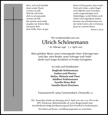 Anzeige von Ulrich Schönemann von Kölner Stadt-Anzeiger / Kölnische Rundschau / Express