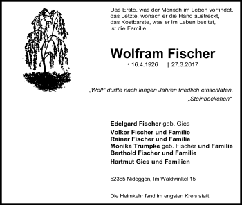 Anzeige von Wolfram Fischer von Kölner Stadt-Anzeiger / Kölnische Rundschau / Express