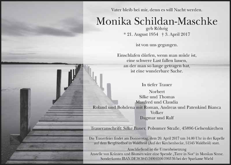  Traueranzeige für Monika Schildan-Maschke vom 19.04.2017 aus  Lokalanzeiger 