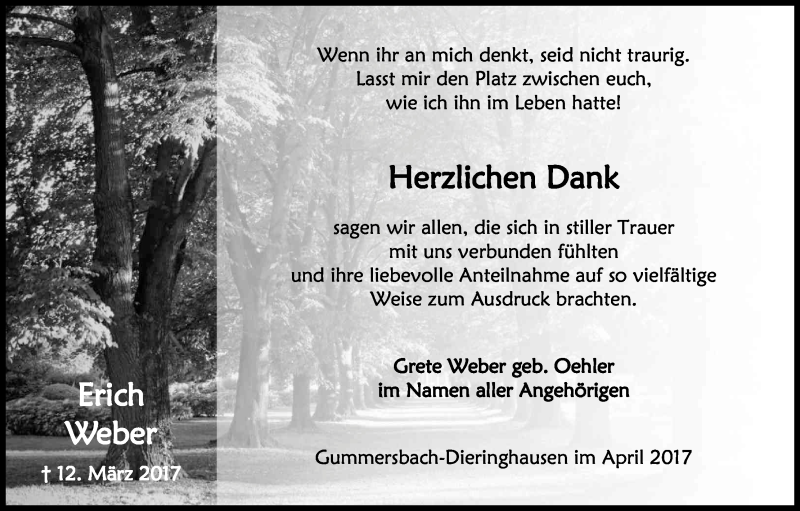  Traueranzeige für Erich Weber vom 22.04.2017 aus Kölner Stadt-Anzeiger / Kölnische Rundschau / Express