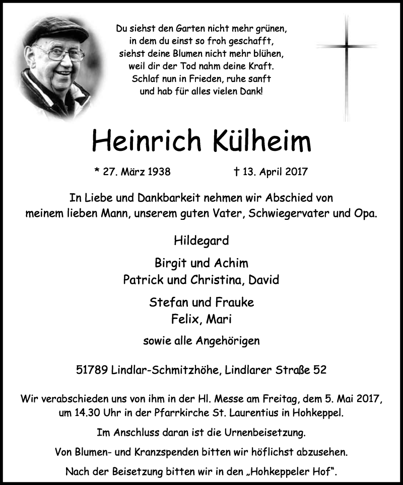  Traueranzeige für Heinrich Külheim vom 29.04.2017 aus Kölner Stadt-Anzeiger / Kölnische Rundschau / Express