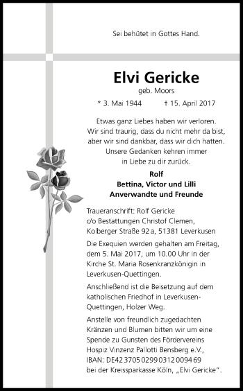 Anzeige von Elvira Gericke von Kölner Stadt-Anzeiger / Kölnische Rundschau / Express