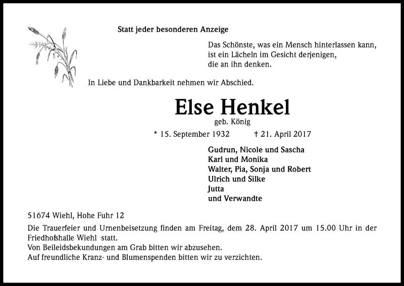  Traueranzeige für Else Henkel vom 25.04.2017 aus Kölner Stadt-Anzeiger / Kölnische Rundschau / Express