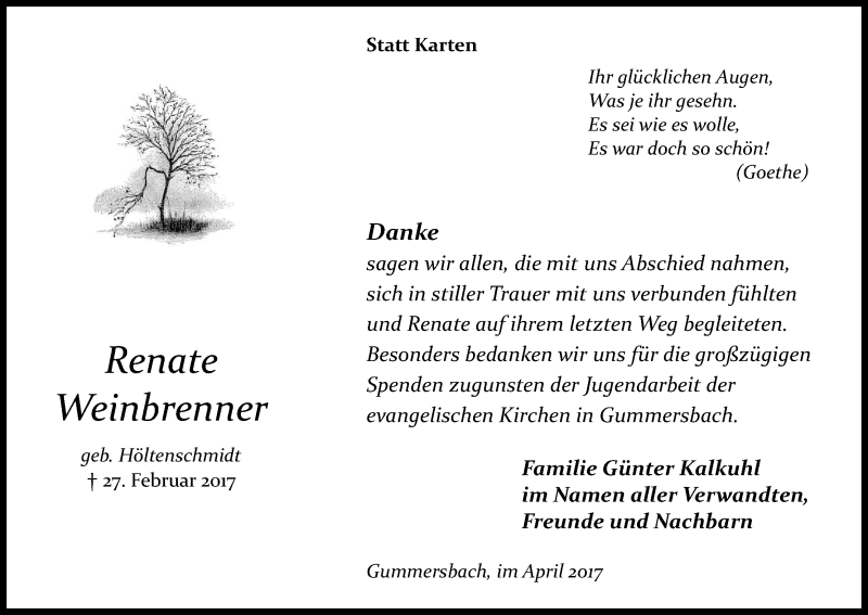  Traueranzeige für Renate Weinbrenner vom 08.04.2017 aus Kölner Stadt-Anzeiger / Kölnische Rundschau / Express