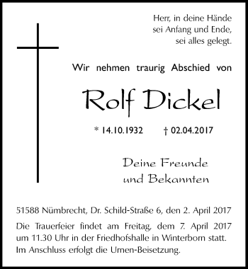 Anzeige von Rolf Dickel von  Lokalanzeiger 