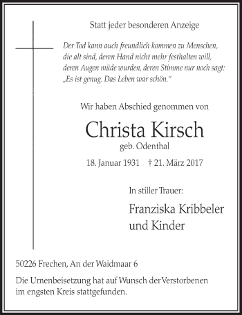 Anzeige von Christa Kirsch von  Sonntags-Post 