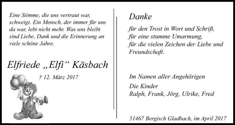  Traueranzeige für Elfriede Käsbach vom 15.04.2017 aus Kölner Stadt-Anzeiger / Kölnische Rundschau / Express