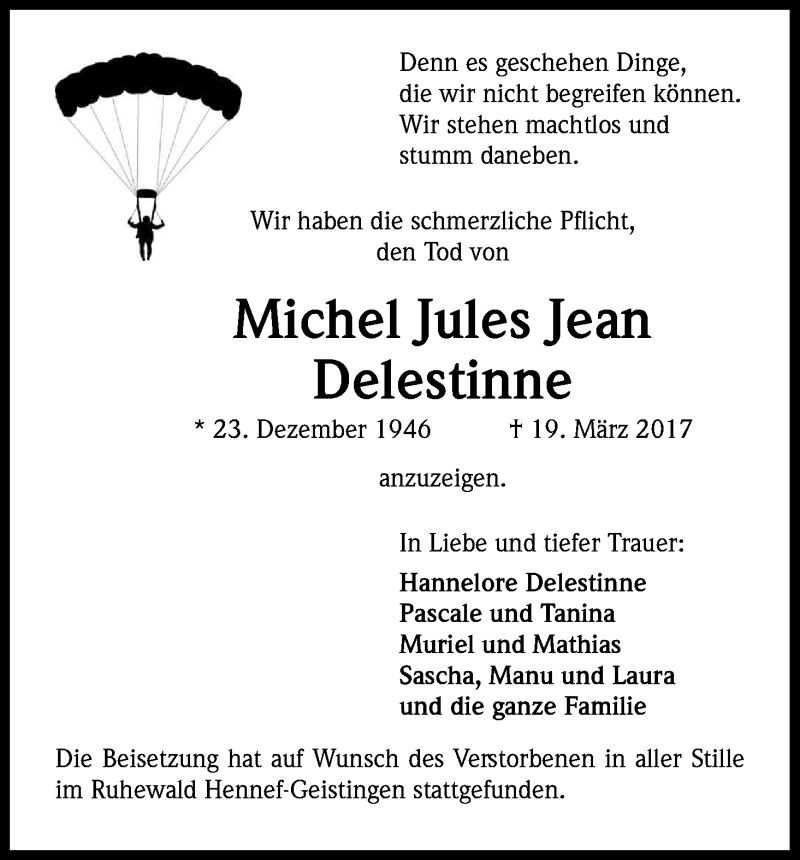  Traueranzeige für Michel Jules Jean Delestinne vom 08.04.2017 aus Kölner Stadt-Anzeiger / Kölnische Rundschau / Express