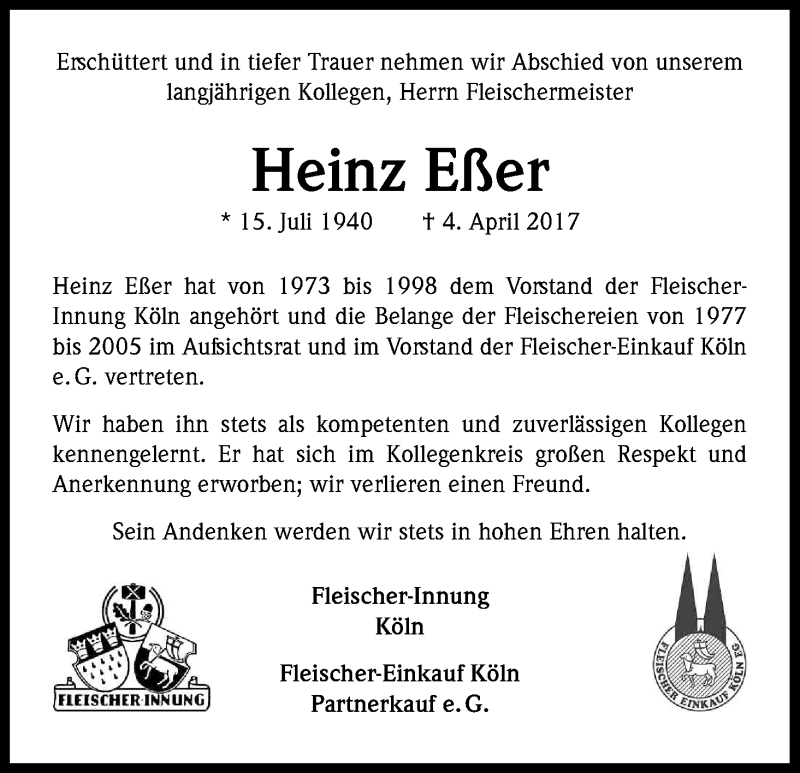  Traueranzeige für Heinz Eßer vom 11.04.2017 aus Kölner Stadt-Anzeiger / Kölnische Rundschau / Express