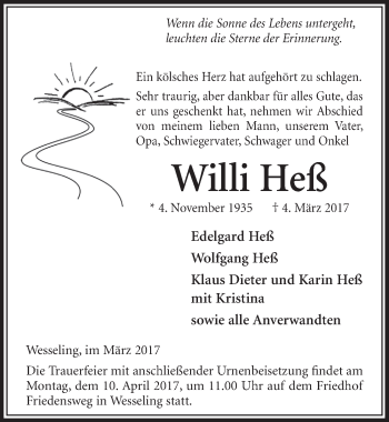 Anzeige von Willi Heß von  Schlossbote/Werbekurier 