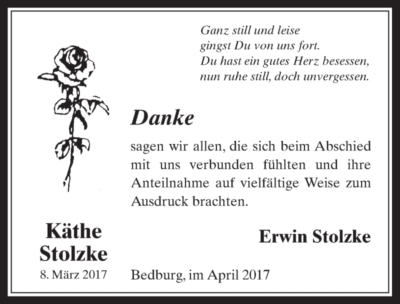  Traueranzeige für Kätheq Stolzke vom 22.04.2017 aus  Sonntags-Post 