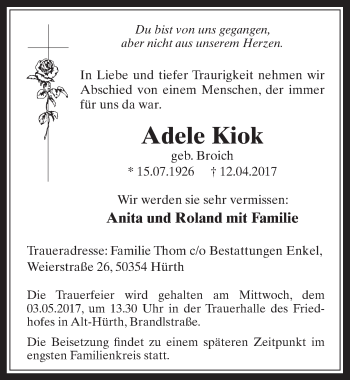 Anzeige von Adele Kiok von  Wochenende 