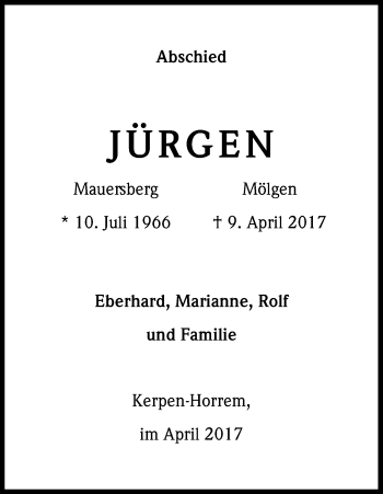 Anzeige von Jürgen  von Kölner Stadt-Anzeiger / Kölnische Rundschau / Express