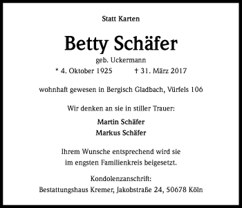 Anzeige von Betty Schäfer von Kölner Stadt-Anzeiger / Kölnische Rundschau / Express