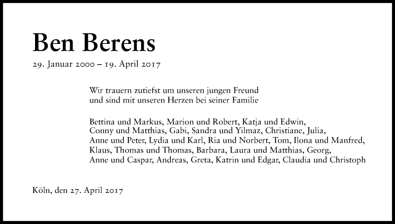  Traueranzeige für Ben Berens vom 29.04.2017 aus Kölner Stadt-Anzeiger / Kölnische Rundschau / Express
