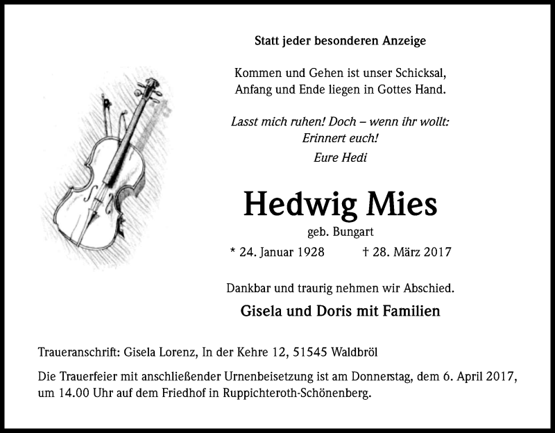  Traueranzeige für Hedwig Mies vom 01.04.2017 aus Kölner Stadt-Anzeiger / Kölnische Rundschau / Express