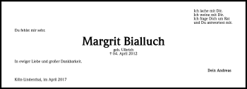 Anzeige von Margrit Bialluch von Kölner Stadt-Anzeiger / Kölnische Rundschau / Express