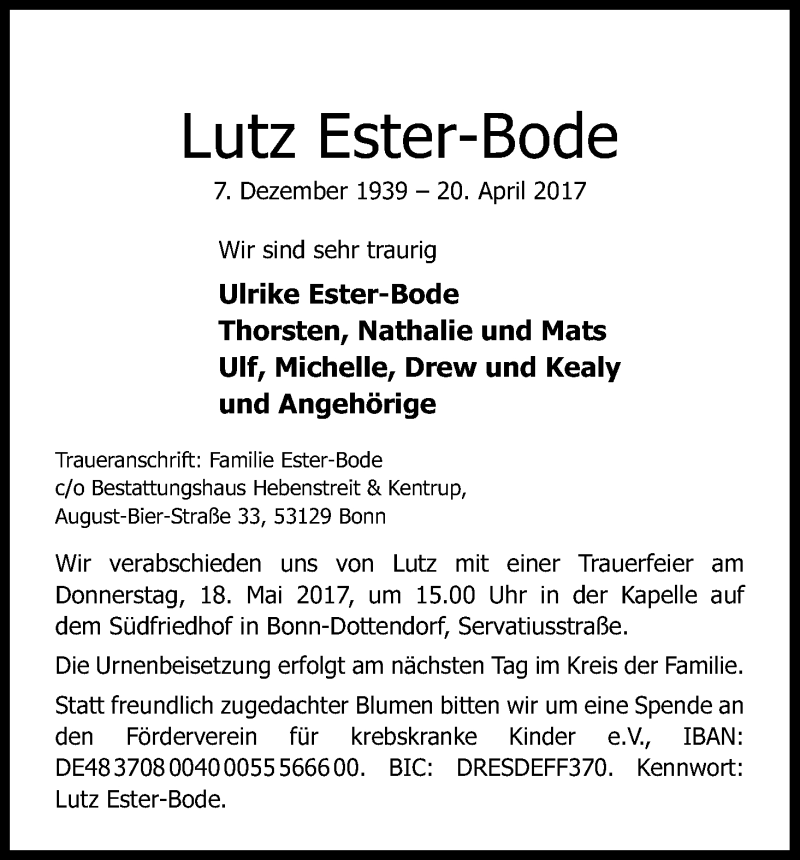  Traueranzeige für Lutz Ester-Bode vom 29.04.2017 aus Kölner Stadt-Anzeiger / Kölnische Rundschau / Express