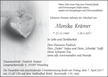 Anzeige von Monika Krämer von  Schlossbote/Werbekurier 