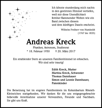 Anzeige von Andreas Kreck von Kölner Stadt-Anzeiger / Kölnische Rundschau / Express