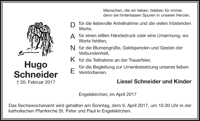  Traueranzeige für Hugo Schneider vom 05.04.2017 aus  Anzeigen Echo 