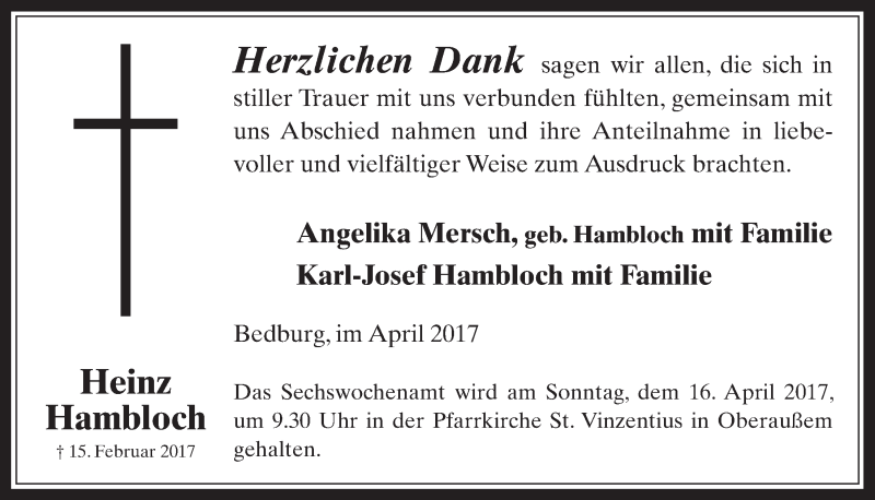  Traueranzeige für Heinz Hambloch vom 12.04.2017 aus  Werbepost 