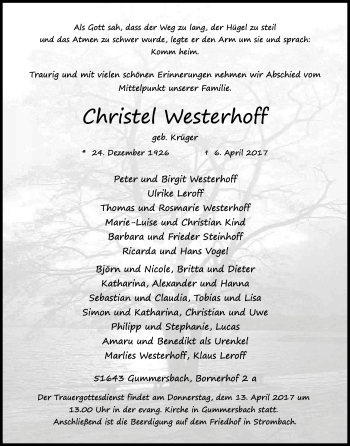 Anzeige von Christel Westerhoff von Kölner Stadt-Anzeiger / Kölnische Rundschau / Express