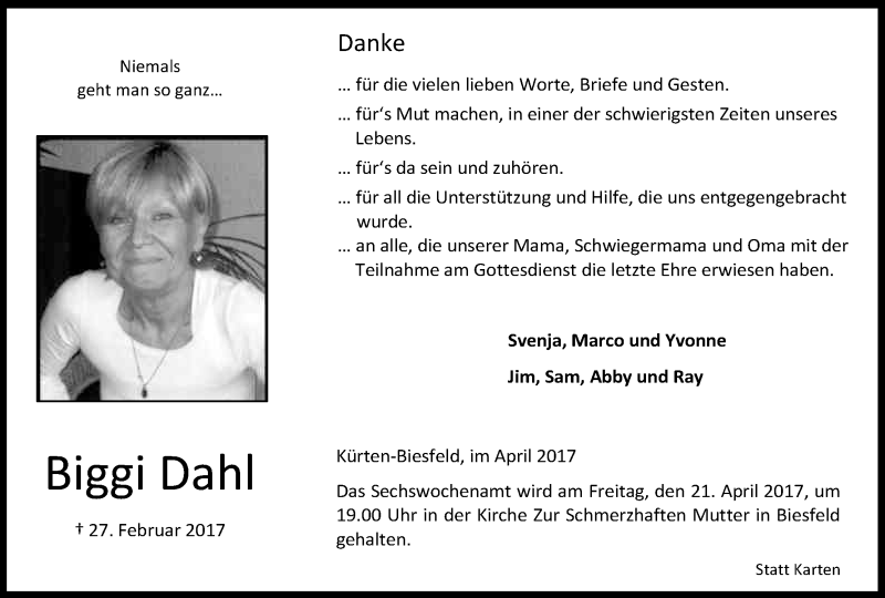 Traueranzeige für Biggi Dahl vom 15.04.2017 aus Kölner Stadt-Anzeiger / Kölnische Rundschau / Express